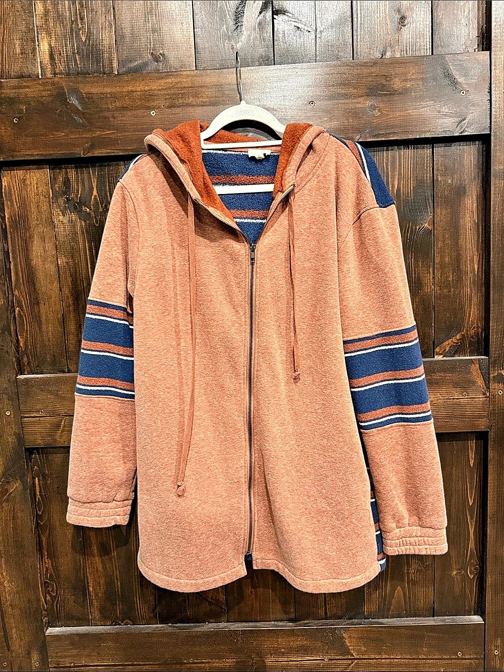Hem and Thread Striped Zip Up Hoodie in Orange & Blue Size medium